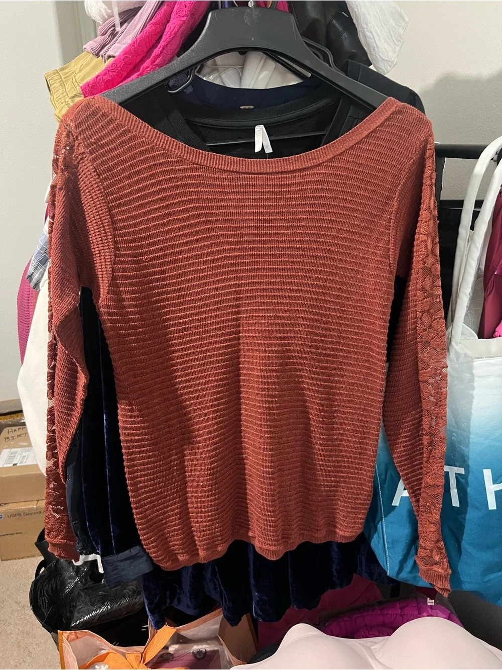 Free People Split - Back Boat Neck Rust /Terracotta Lace-Trim Sweater